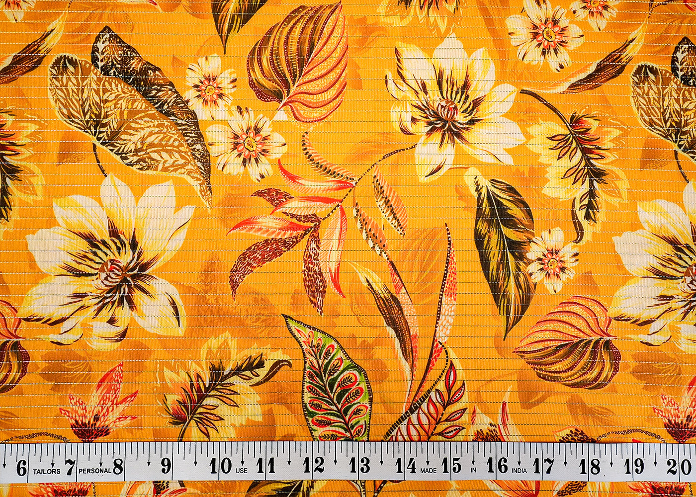 Mustard Chanderi Fabric with Allover Floral Print and Thread Lines 14046