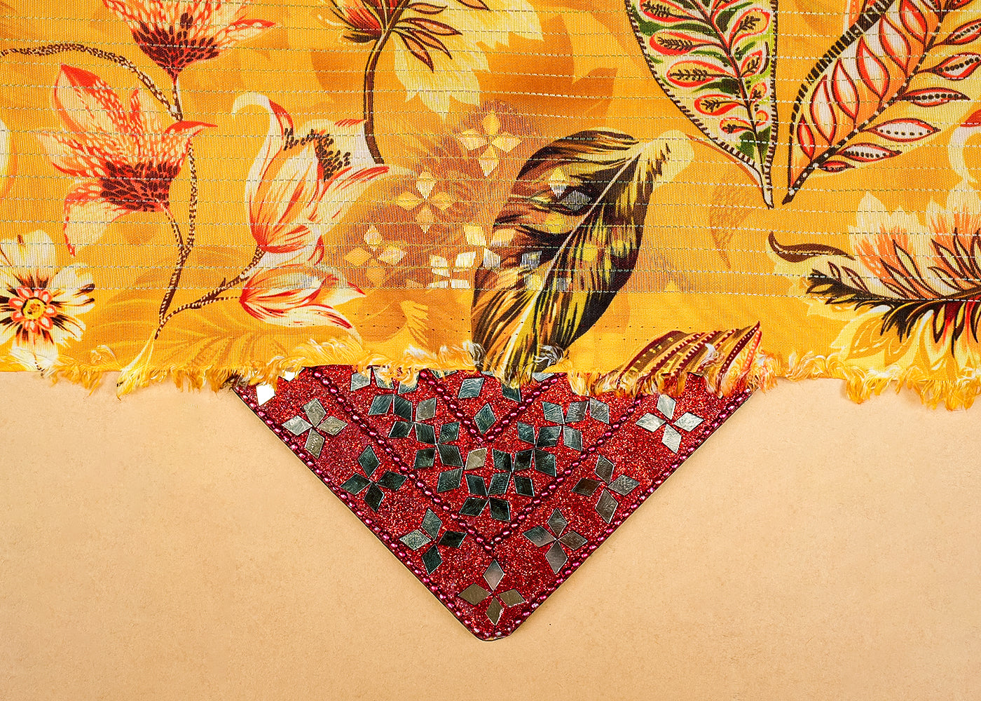 Mustard Chanderi Fabric with Allover Floral Print and Thread Lines 14046