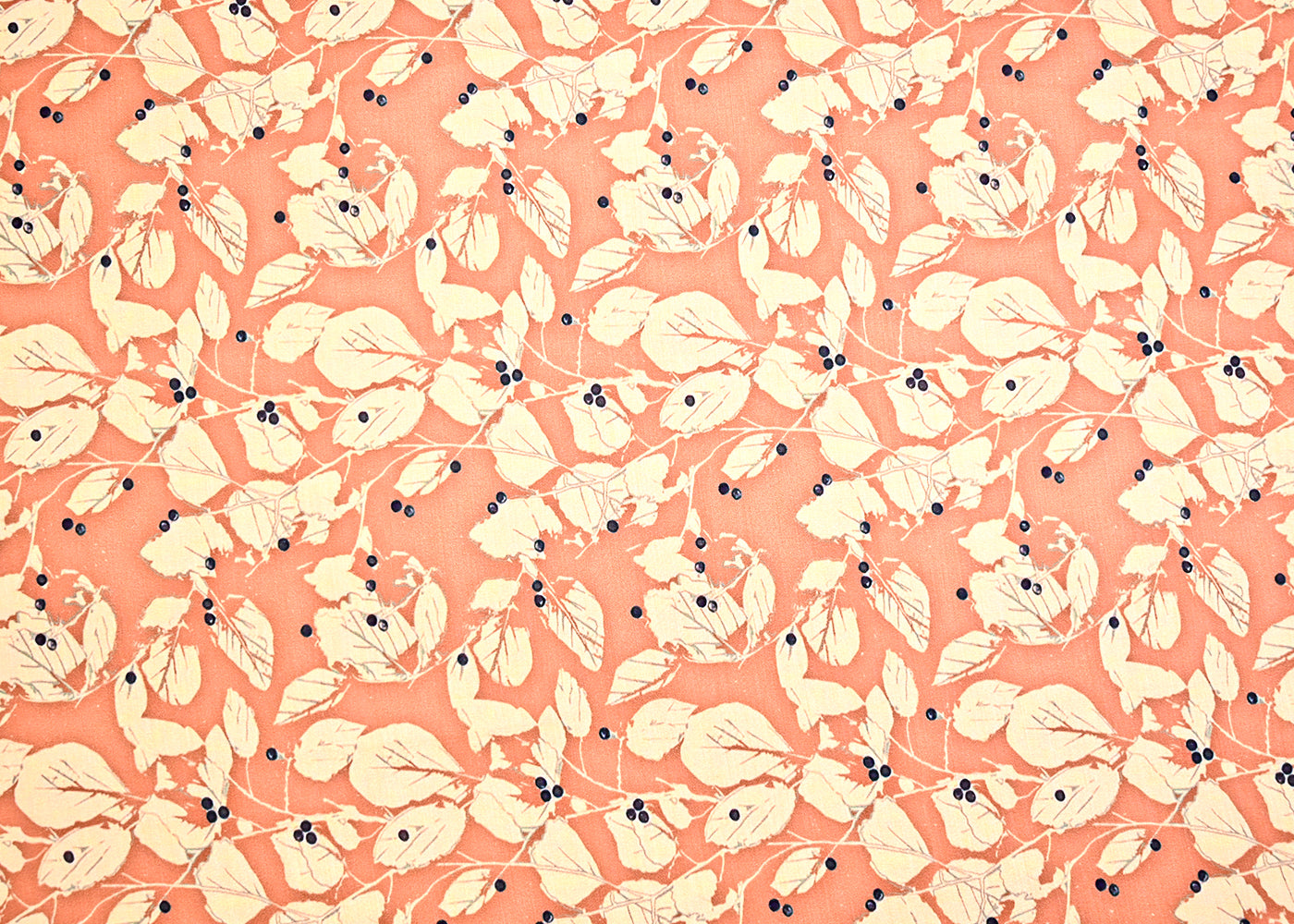 Dark Peach Muslin Fabric with Allover Leaves Print 14053