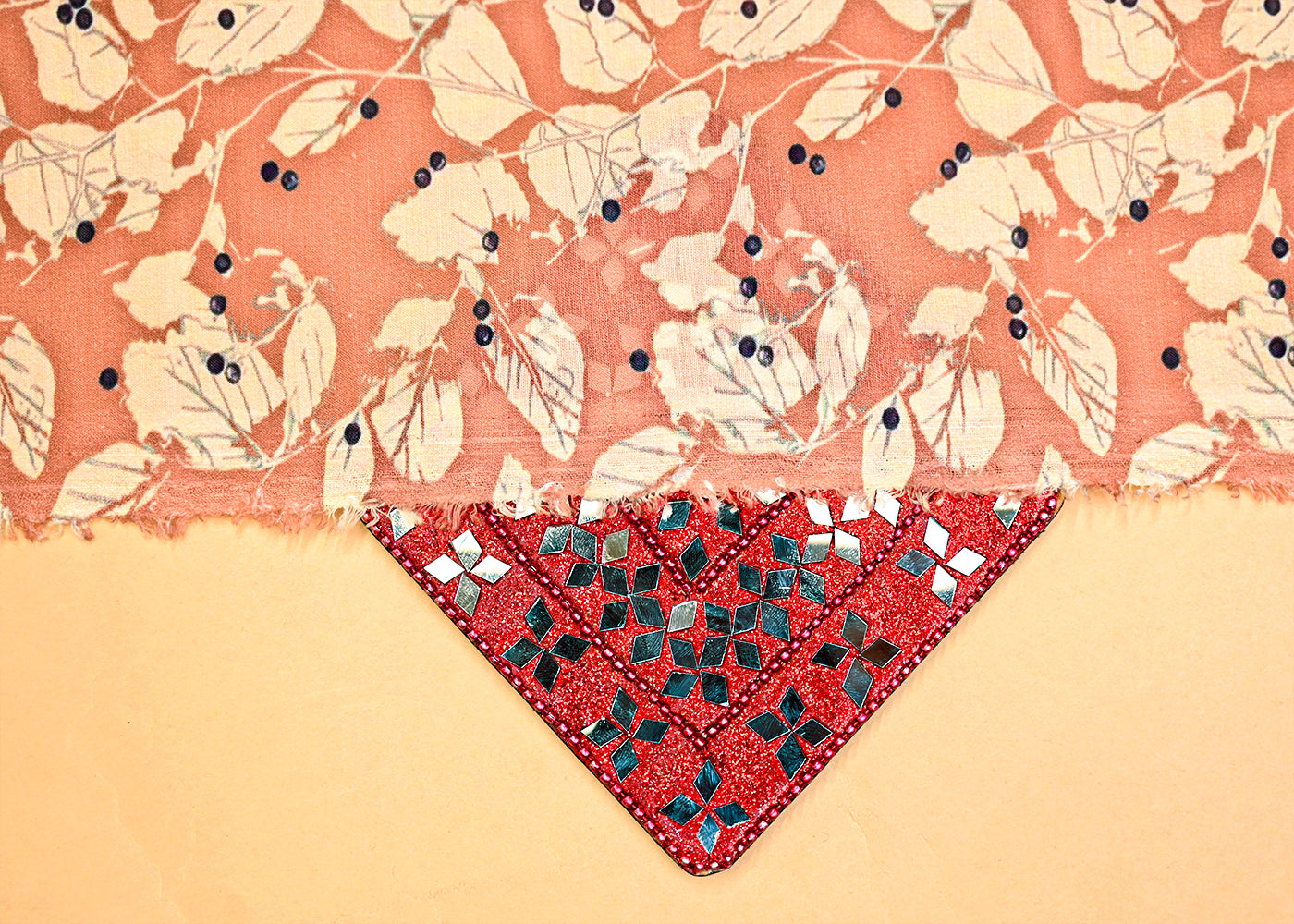 Dark Peach Muslin Fabric with Allover Leaves Print 14053