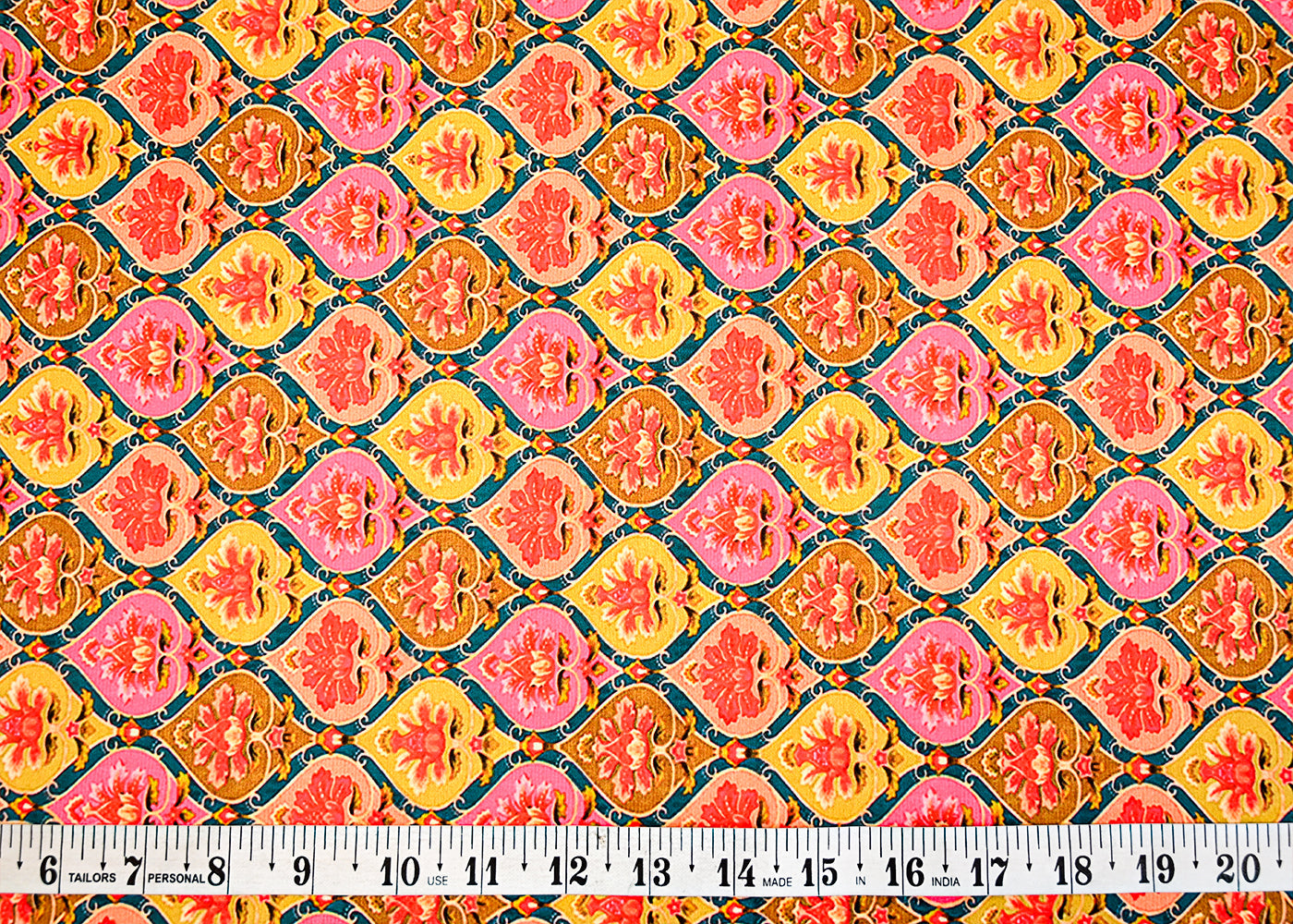 Pink And Lime Green Modal Dupion Fabric with Allover Traditional Pattern 14067