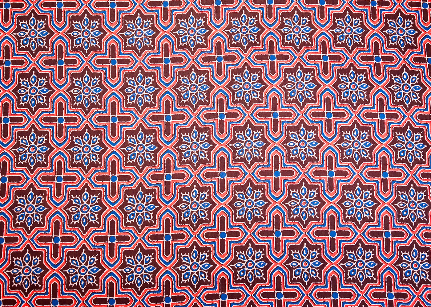 Brown Muslin Fabric with Allover Traditional Pattern and Blue Flowers 14091