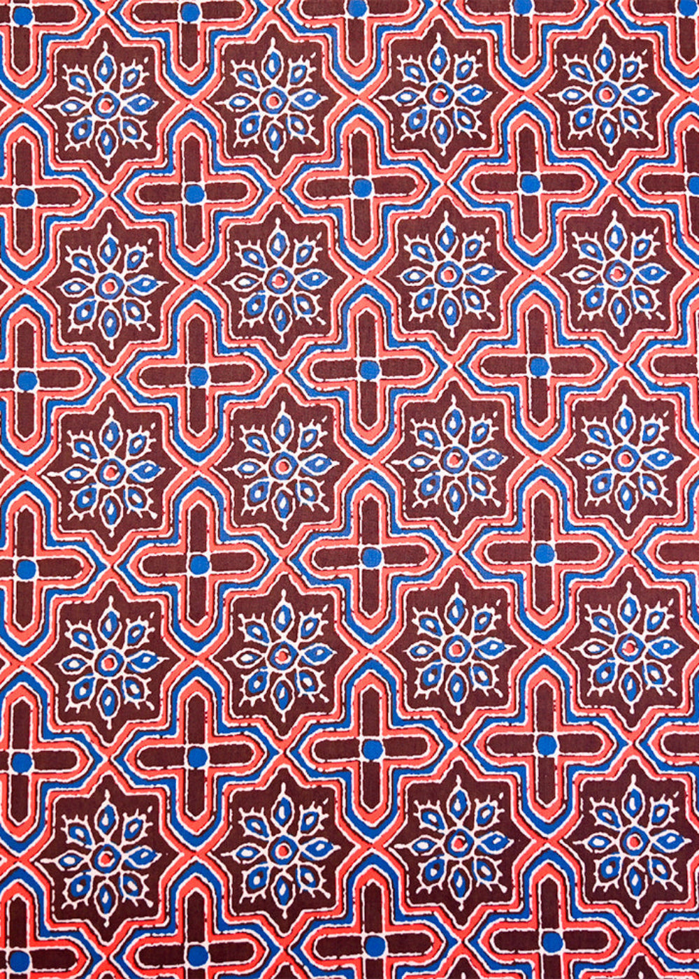 Brown-Muslin-Fabric-with-Allover-Traditional-Pattern-and-Blue-Flowers-14091
