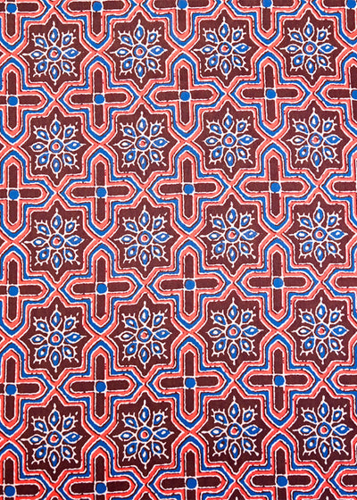 Brown Muslin Fabric with Allover Traditional Pattern and Blue Flowers 14091