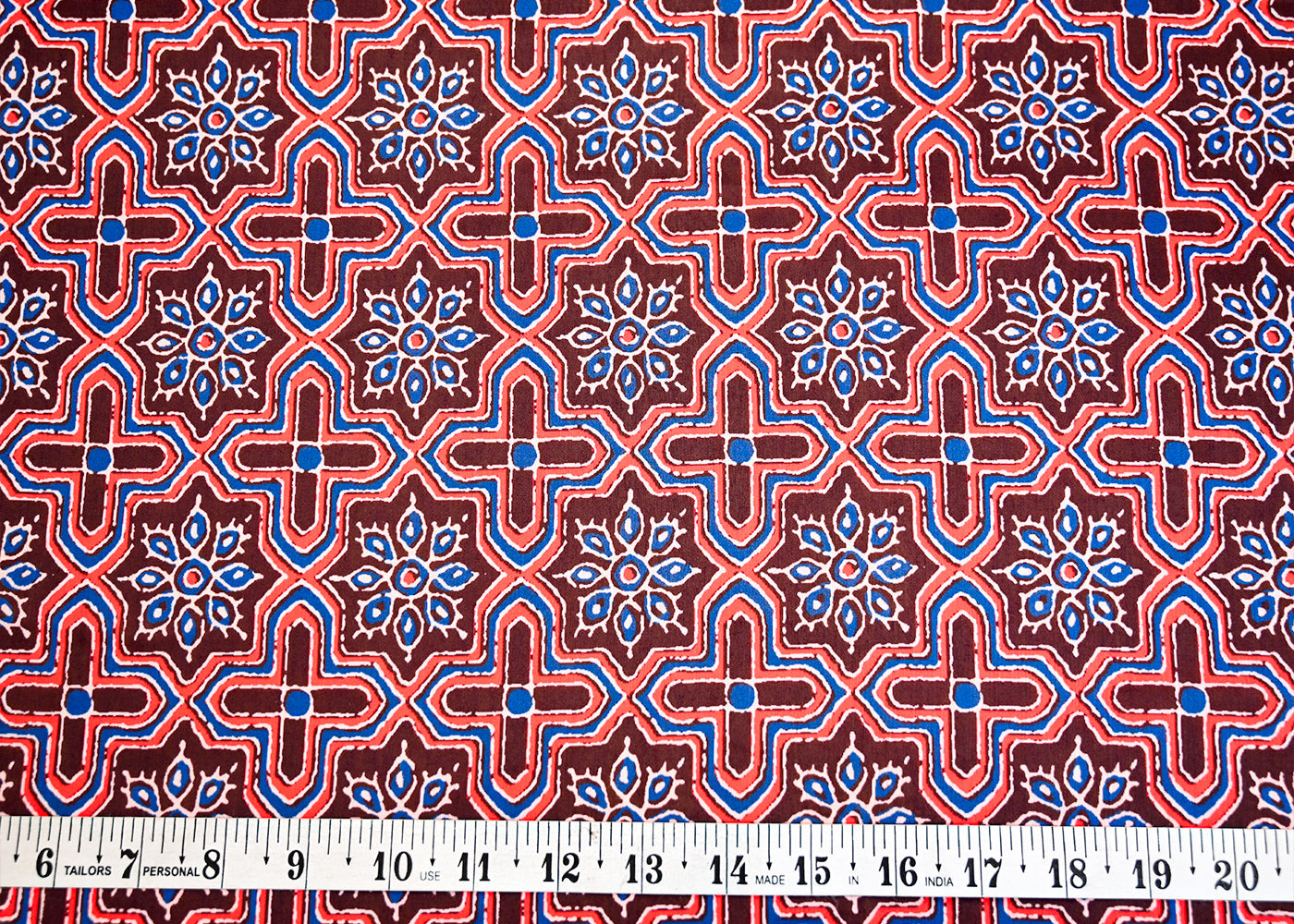 Brown Muslin Fabric with Allover Traditional Pattern and Blue Flowers 14091