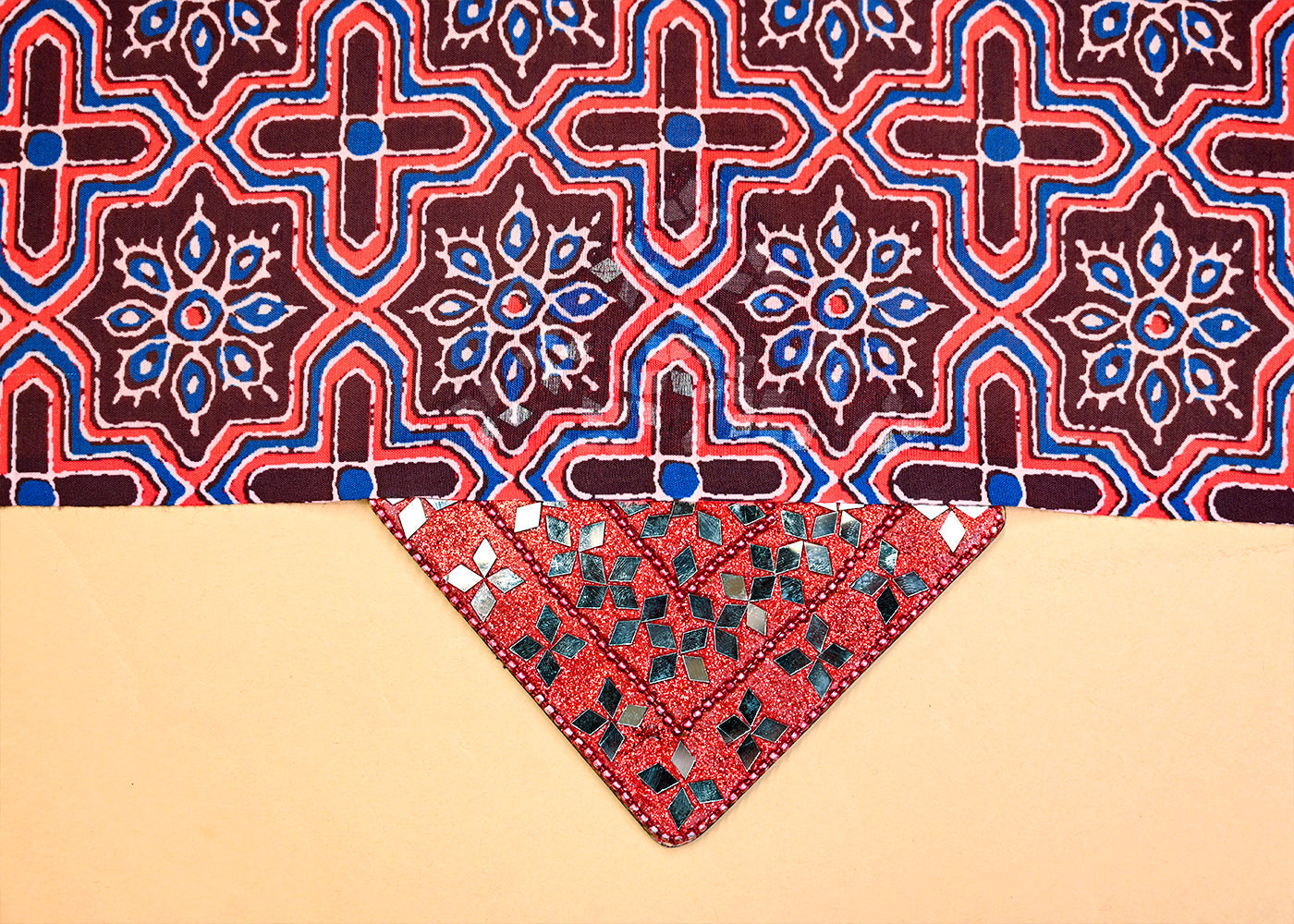 Brown Muslin Fabric with Allover Traditional Pattern and Blue Flowers 14091