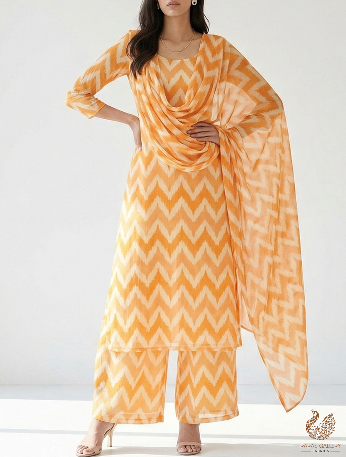 Light Yellow Cotton Linen Fabric with Allover Zig Zag Pattern 14115