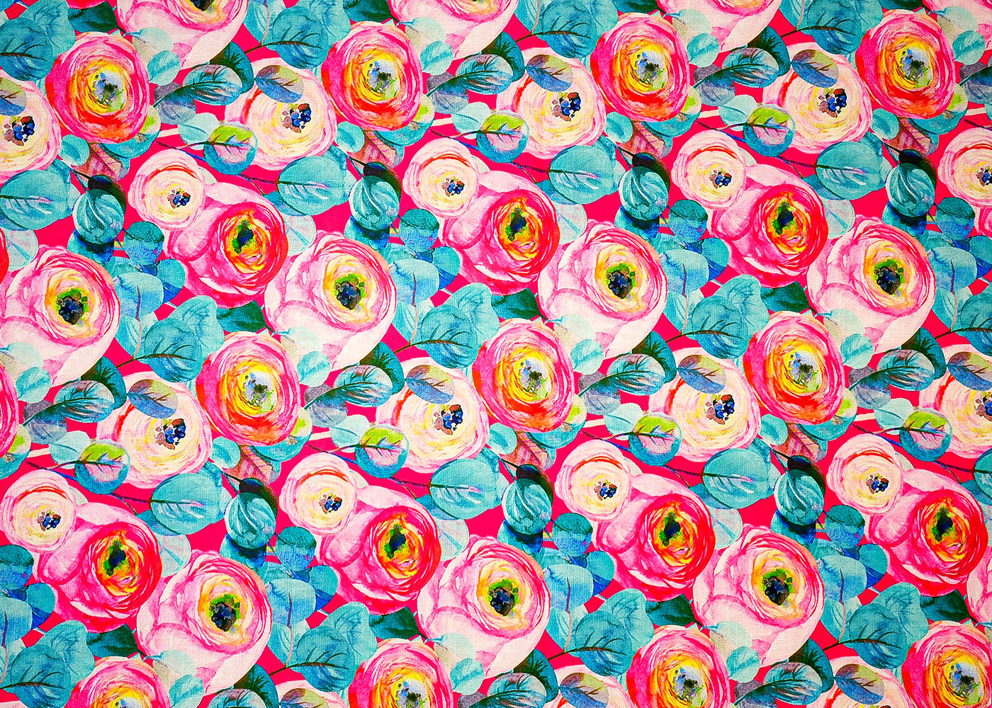 Firozi & Pink Cotton Linen Fabric with Allover Abstract Flowers 14120
