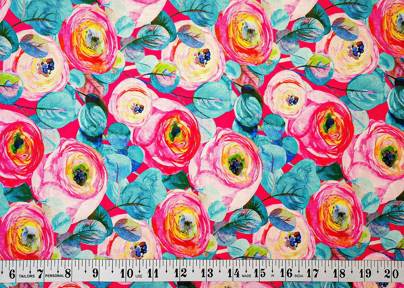 Firozi & Pink Cotton Linen Fabric with Allover Abstract Flowers 14120