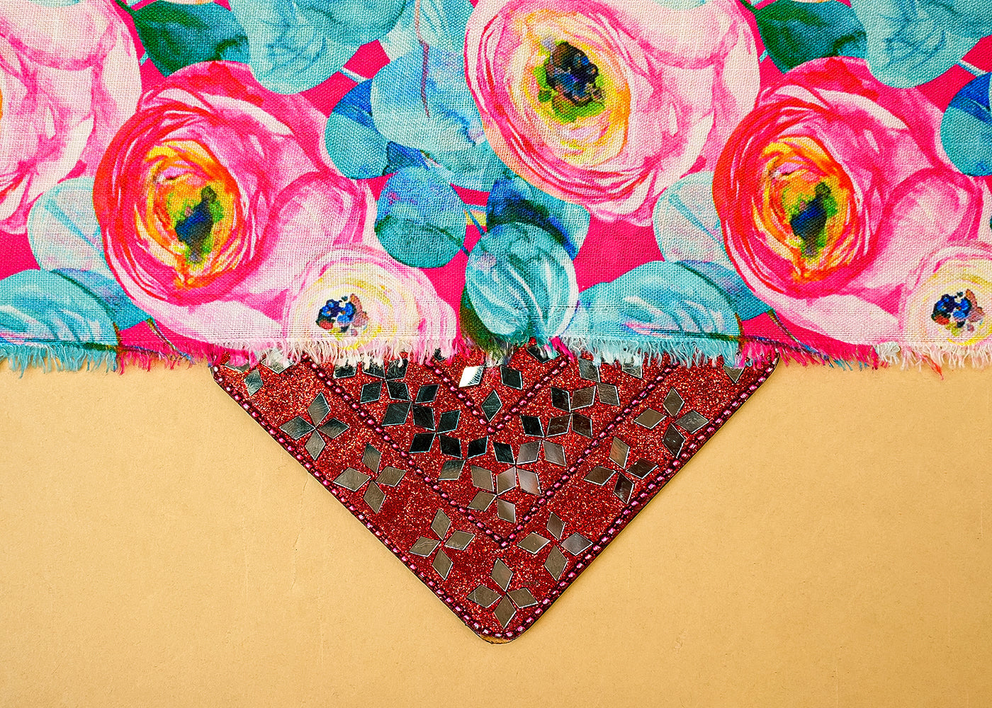 Firozi & Pink Cotton Linen Fabric with Allover Abstract Flowers 14120
