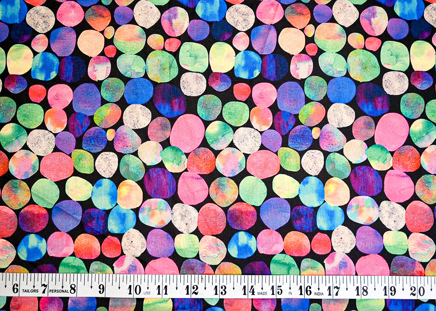 Black Tissue Silk Fabric with Multi-Color Circles 14146