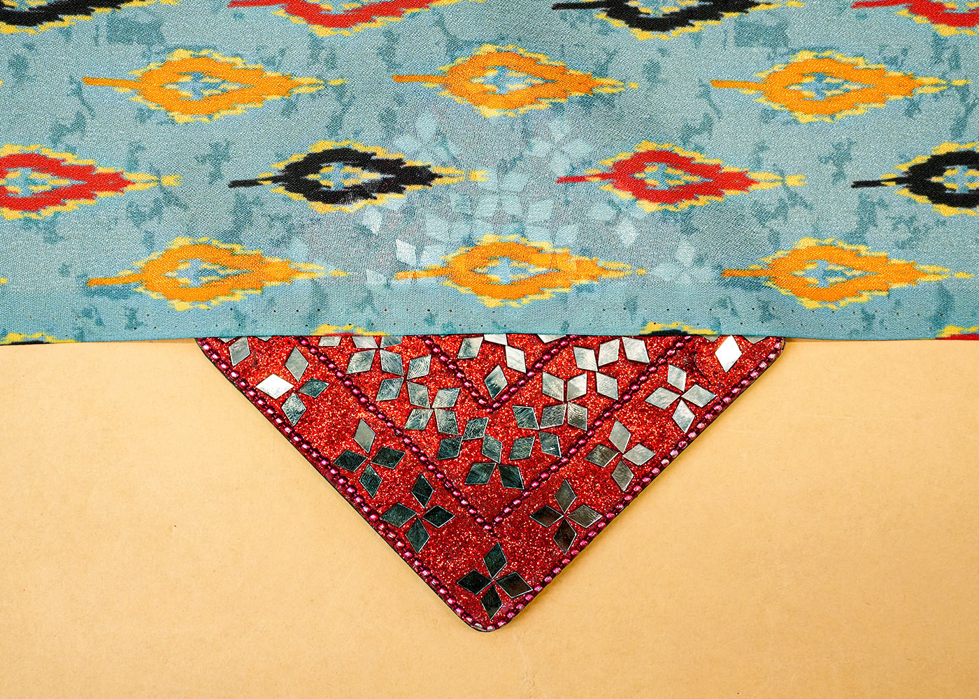 Turquoise Blue Dola Silk Fabric with Allover Abstract Leaves 14150