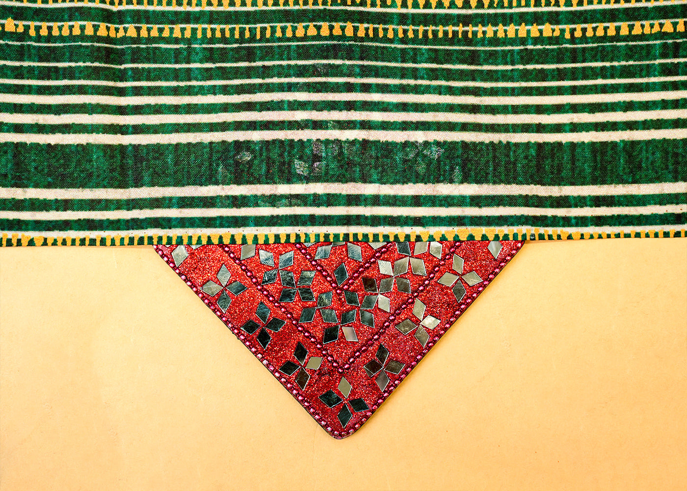 Dark Green Dola Silk Fabric with Alternate Stripes 14152