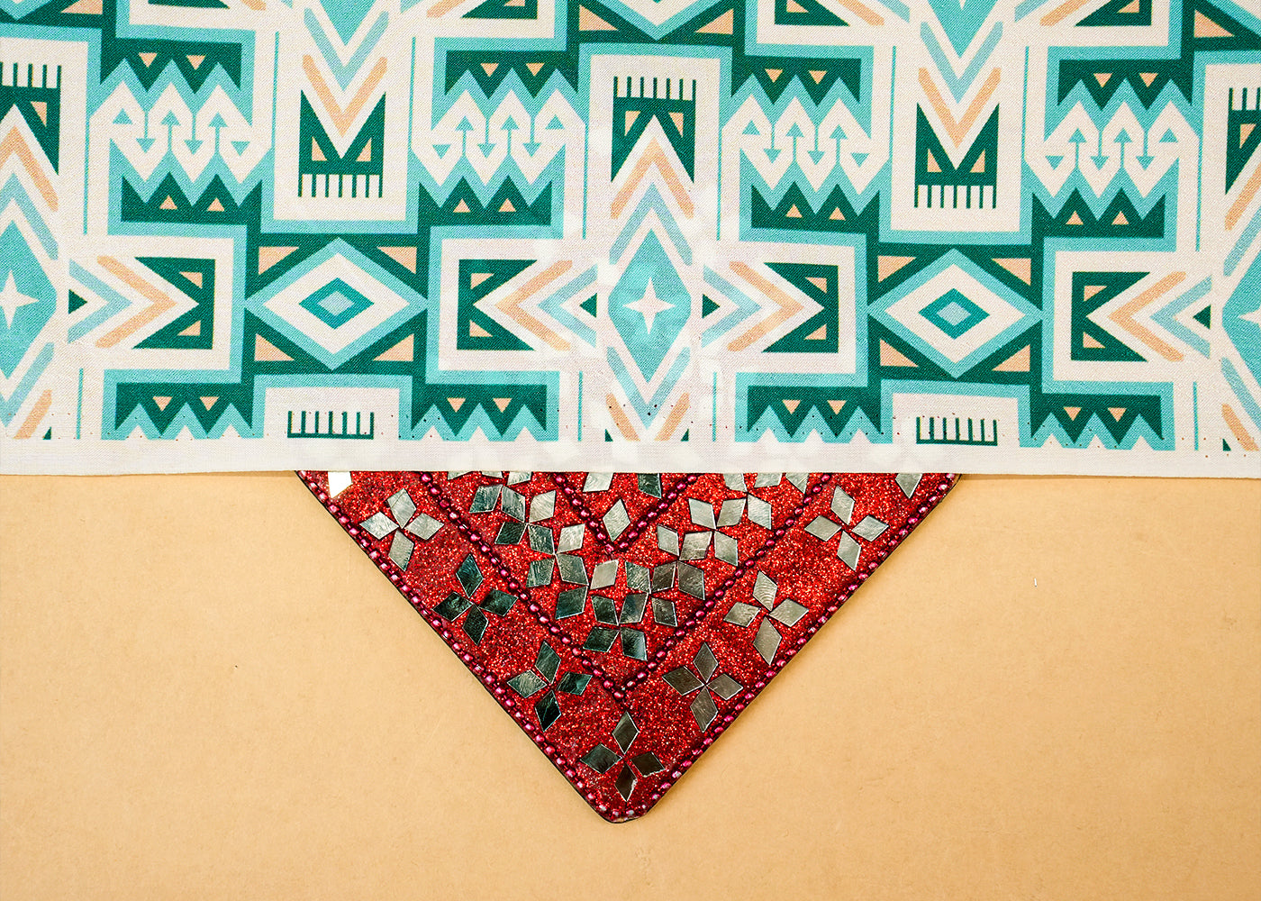 Teal Dola Silk Fabric with Allover Geometric Patterns 14154