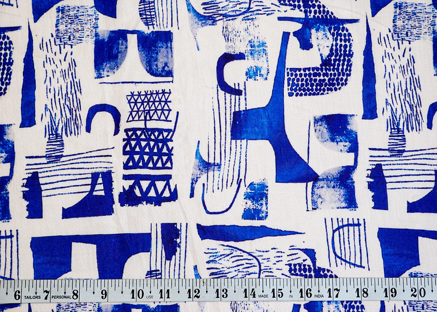 White & Blue Imported Muslin with Allover Abstract Print 14160