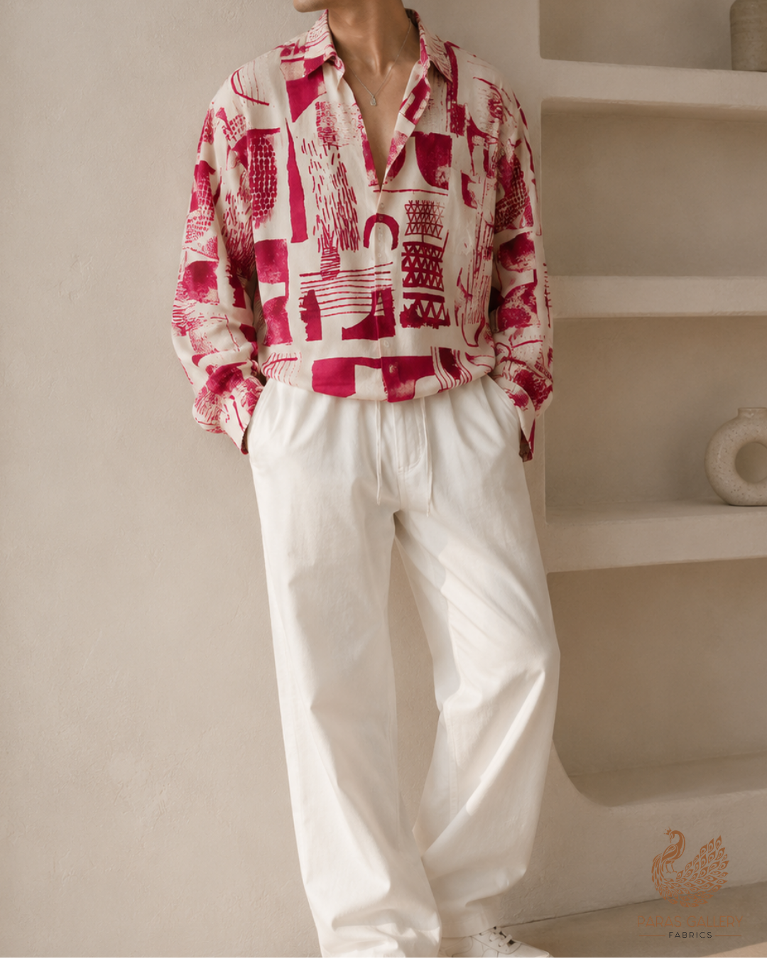 White & Pink Imported Muslin Fabric with Allover Abstract Print 14161