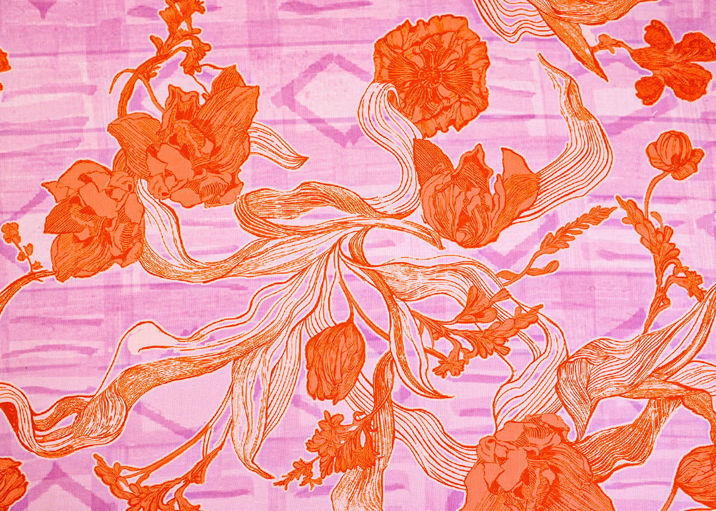 Lavender & Rust Orange Imported Rayon Fabric with Allover Floral Print 14213
