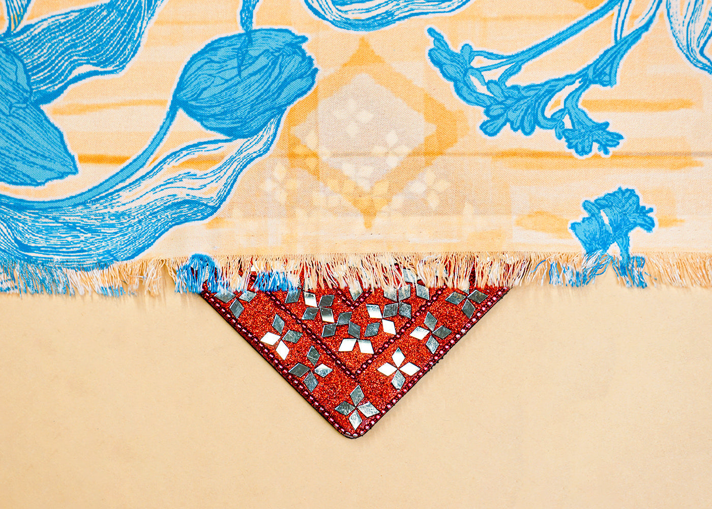 Blue & Cream Imported Rayon Fabric with Allover Floral Print 14225