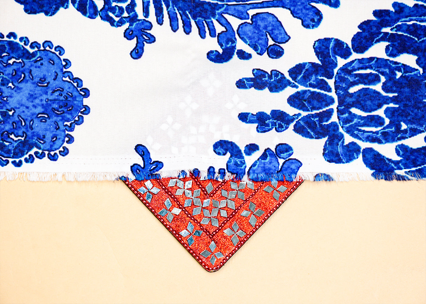 White & Blue Imported Rayon Fabric with Allover Traditional Motif 14244