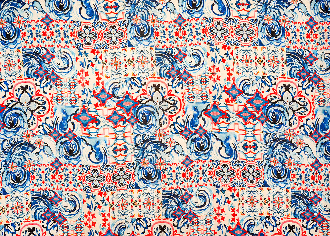 Blue Georgette Satin Fabric with Abstract Print 14258