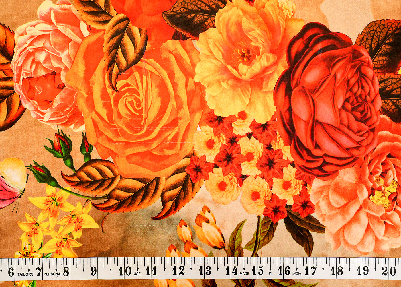 Mustard Brown Georgette Satin Fabric with Allover Floral Print 14259