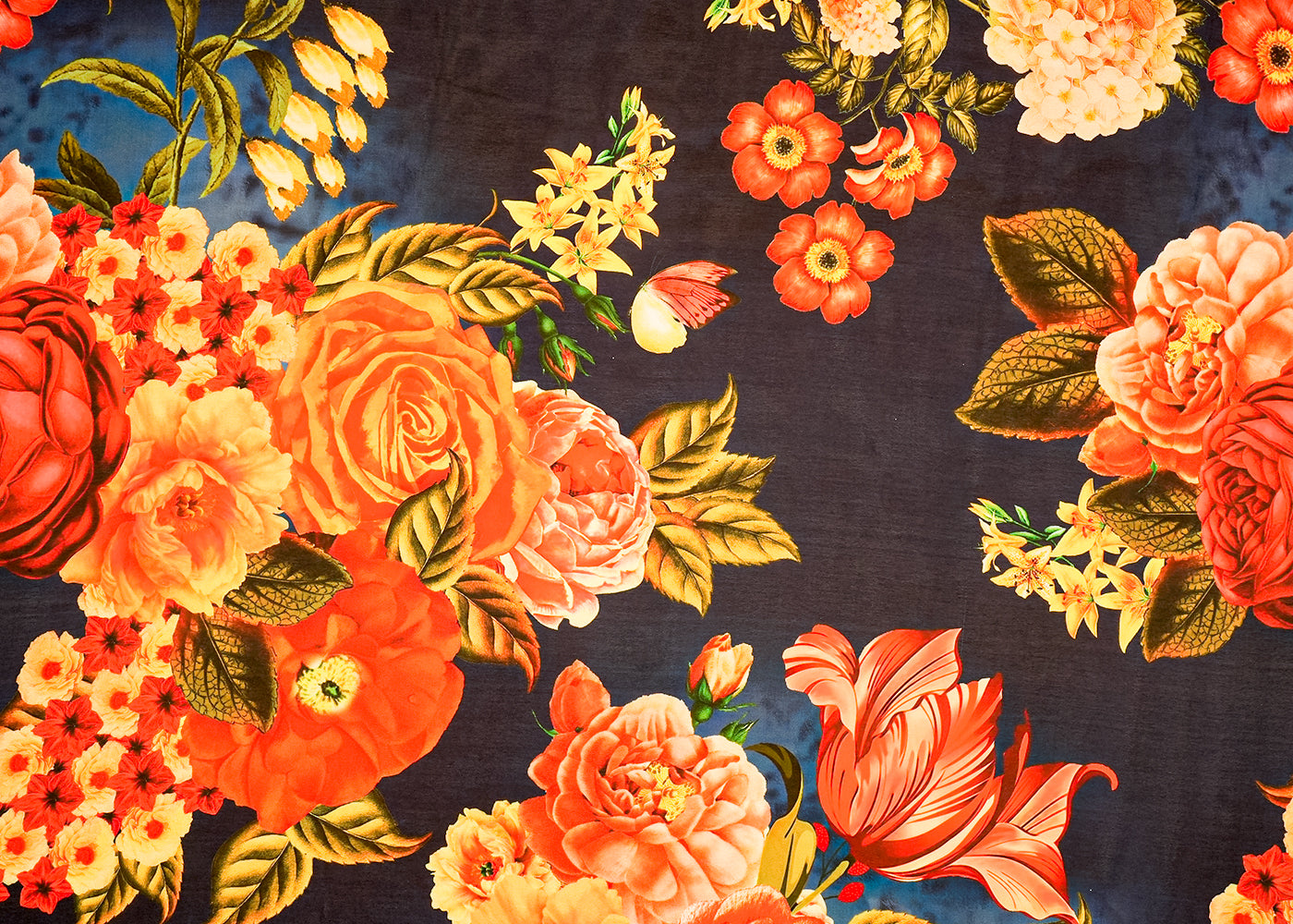 Navy Blue Georgette Satin Fabric with Allover Floral Print 14262