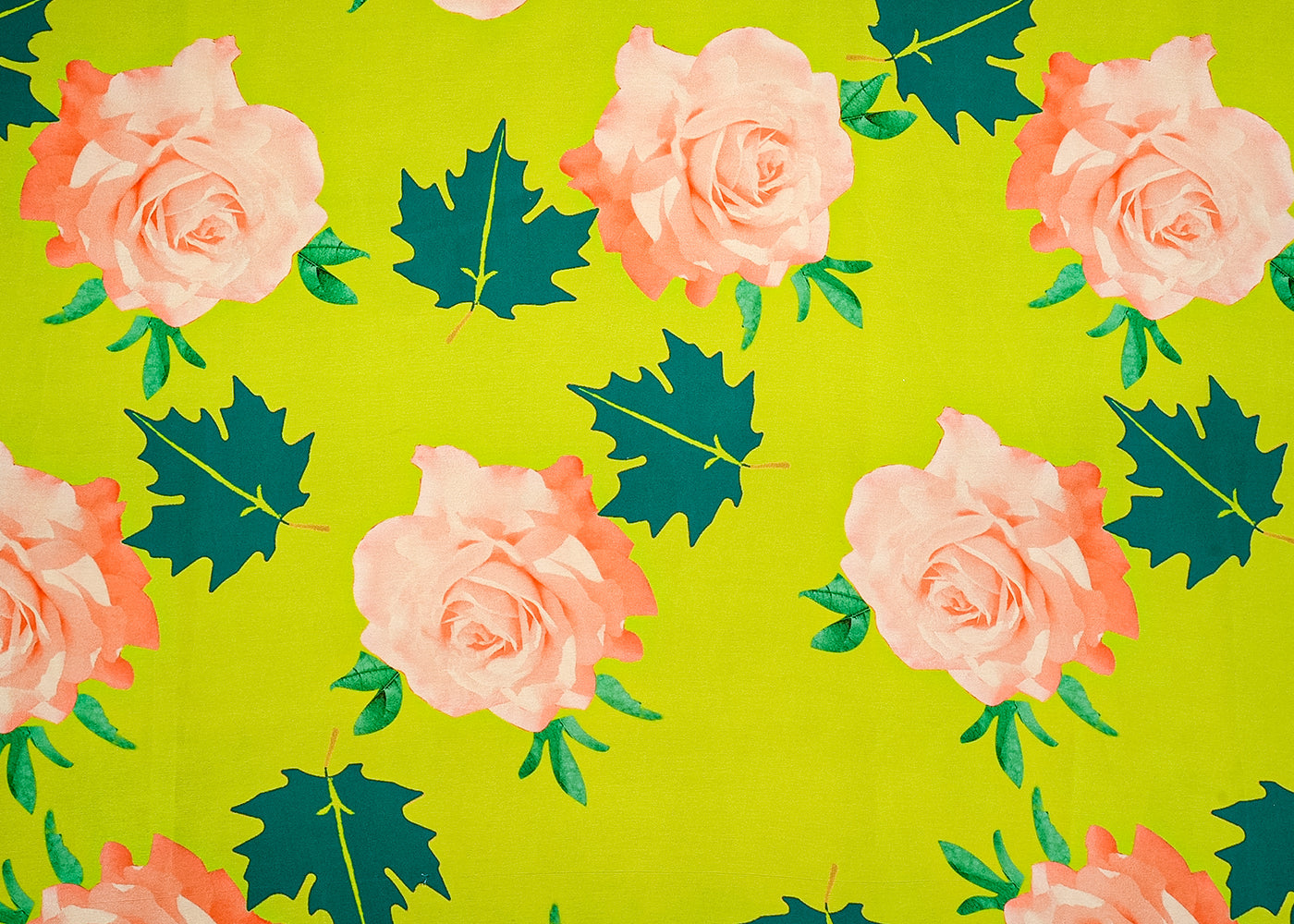 Parrot Green Georgette Satin Fabric All Over Floral Print 14267