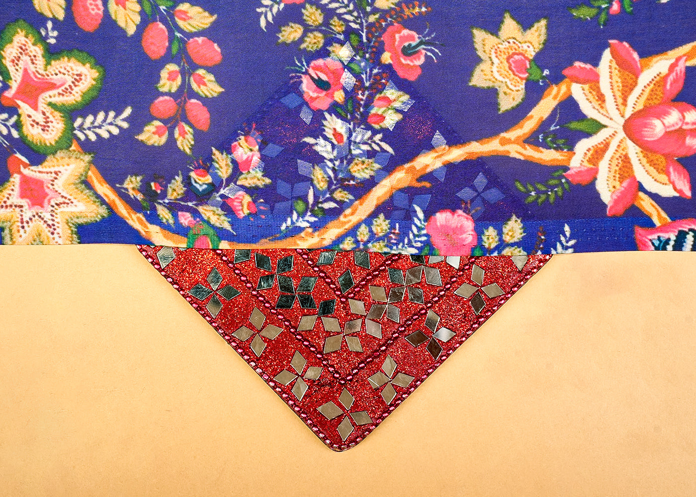 Royal Blue Georgette Satin Fabric with Allover Traditional Print 14268