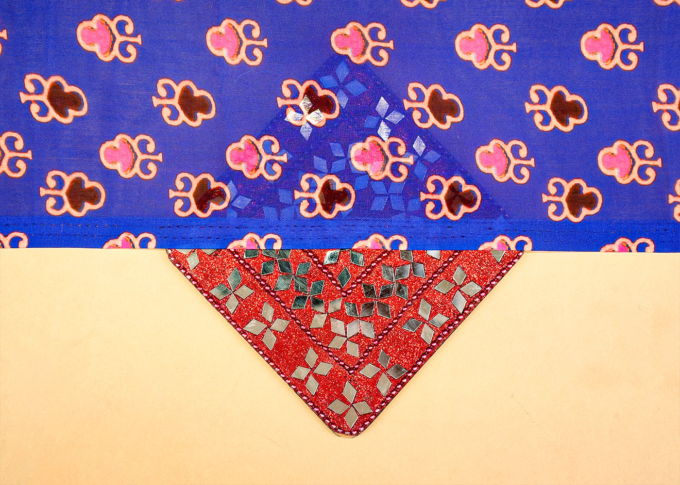 Royal Blue Georgette Satin Fabric with Allover Traditional Print 14270