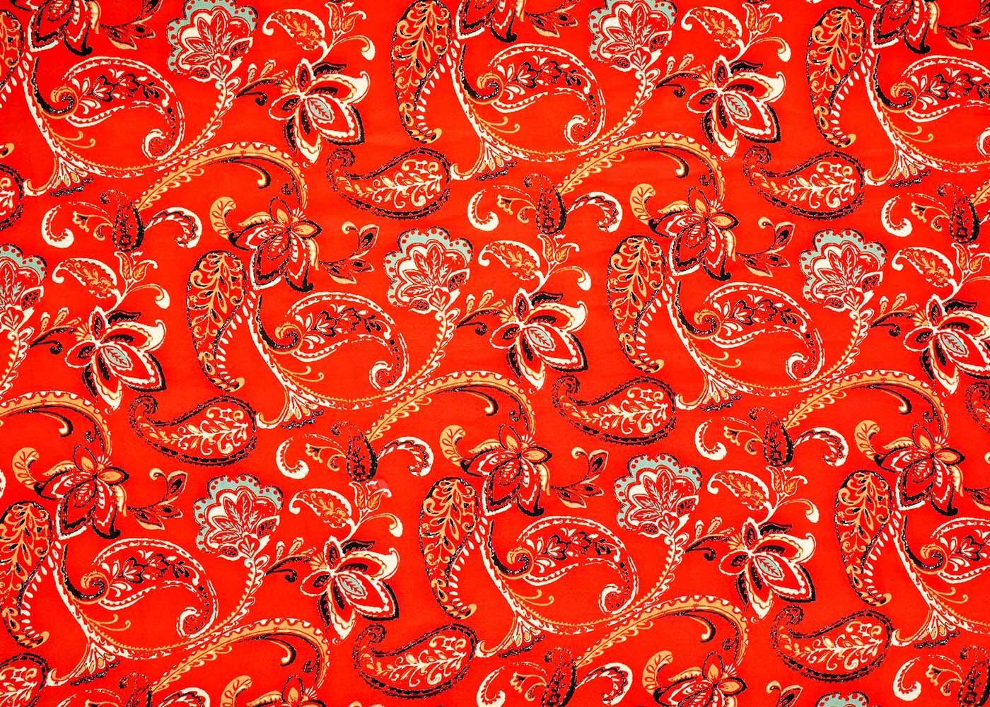 Orange Georgette Satin Fabric with Allover Traditional Print 14285