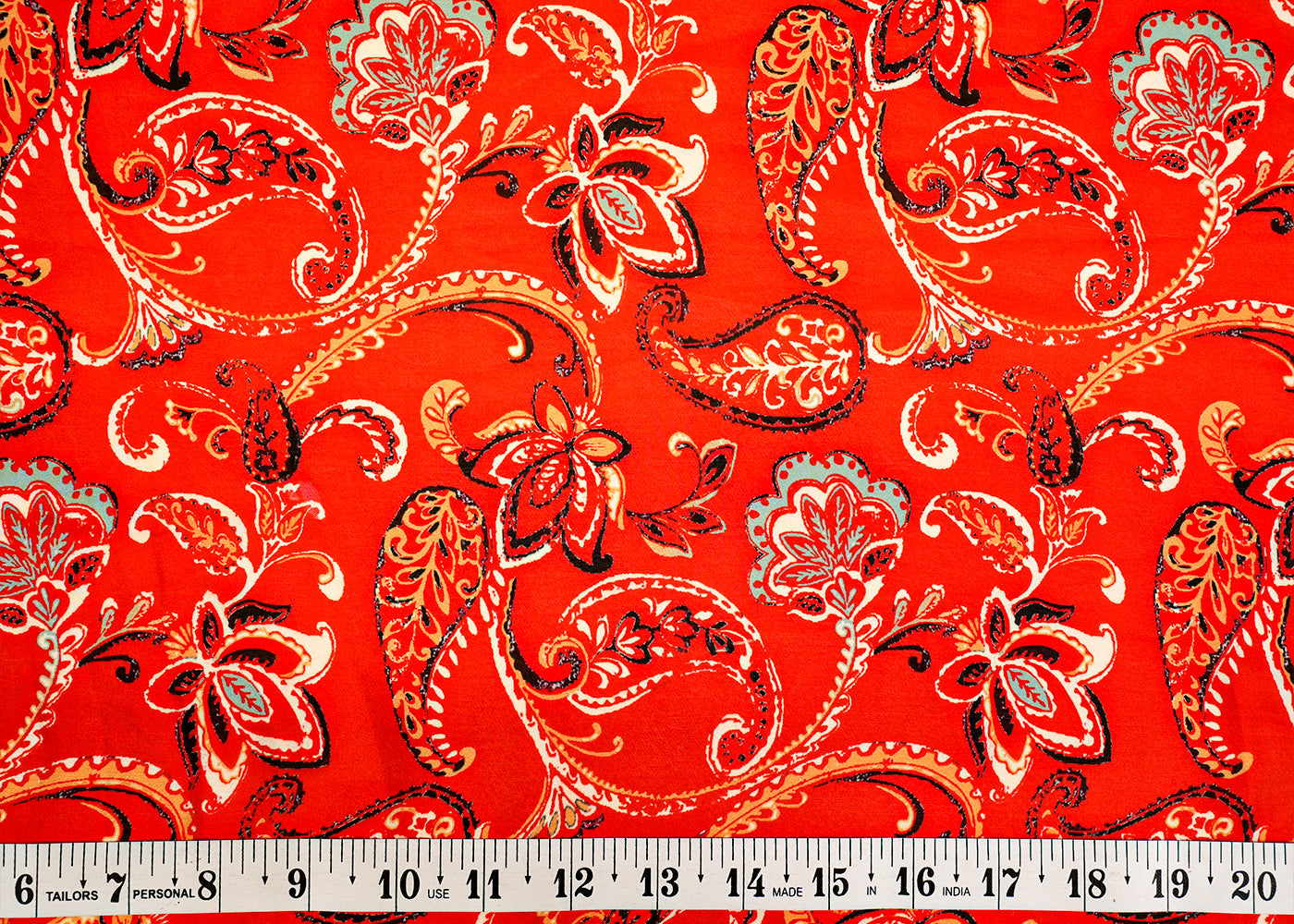 Orange Georgette Satin Fabric with Allover Traditional Print 14285