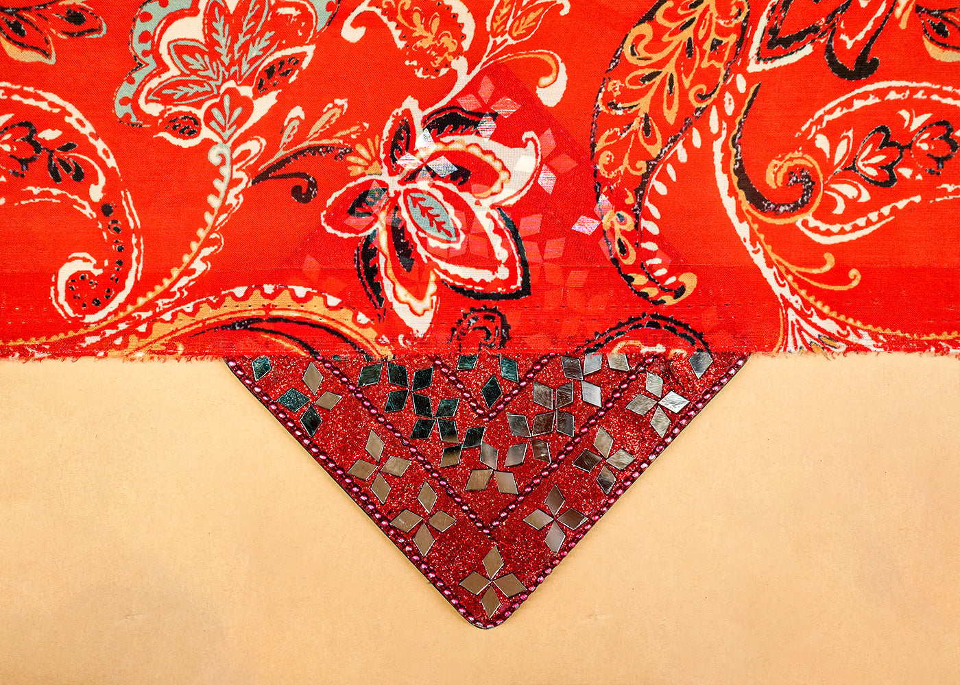 Orange Georgette Satin Fabric with Allover Traditional Print 14285