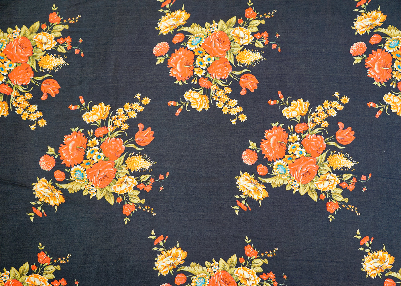 Dark Peacock Blue Georgette Satin Fabric All Over Floral Print 14286