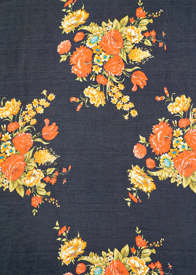 Dark Peacock Blue Georgette Satin Fabric All Over Floral Print 14286