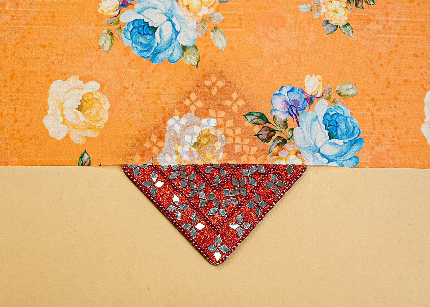 Light Orange Georgette Satin Fabric with All Over Floral Print 14288