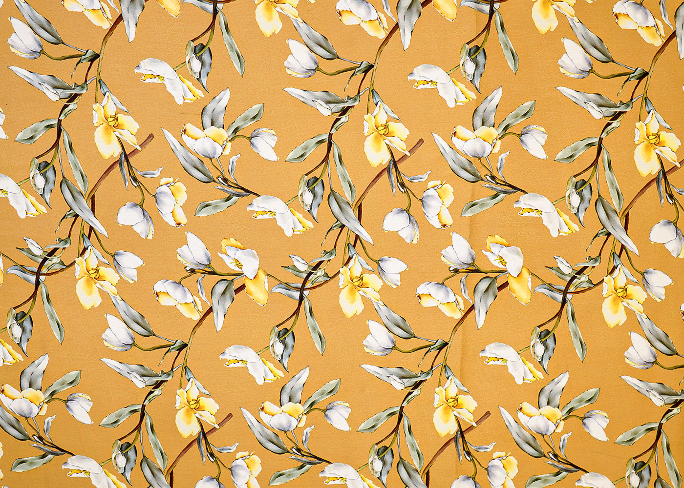 Mustard Georgette Satin Fabric All Over Floral Print 14296