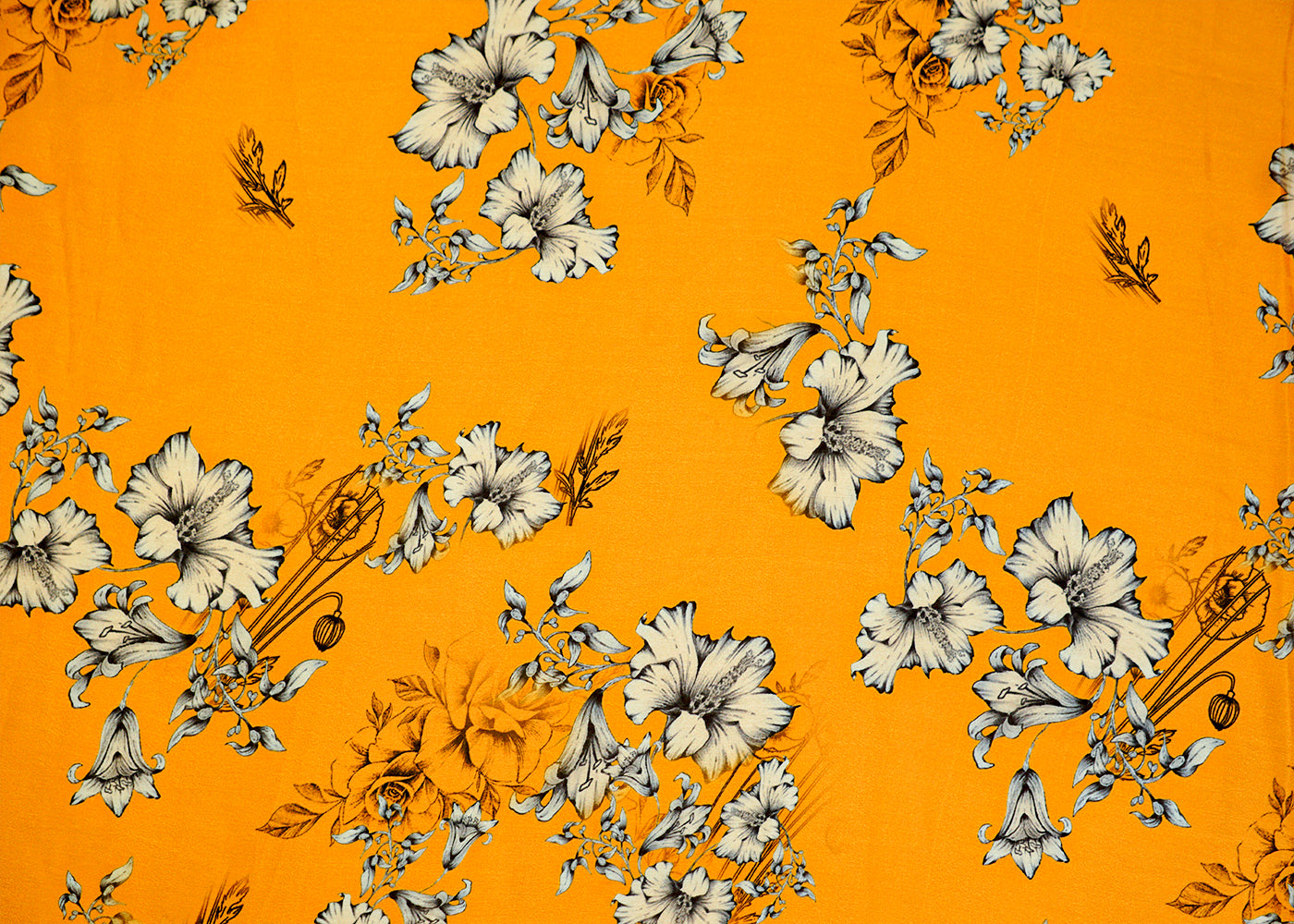 Mustard Georgette Satin Fabric All Over Floral Print 14298