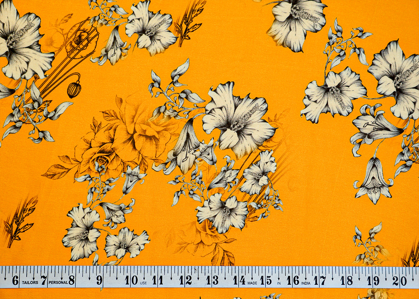 Mustard Georgette Satin Fabric All Over Floral Print 14298