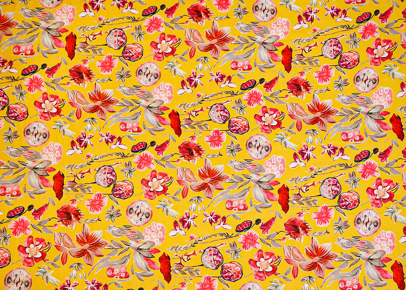 Mustard Georgette Satin Fabric All Over Abstract Print 14304
