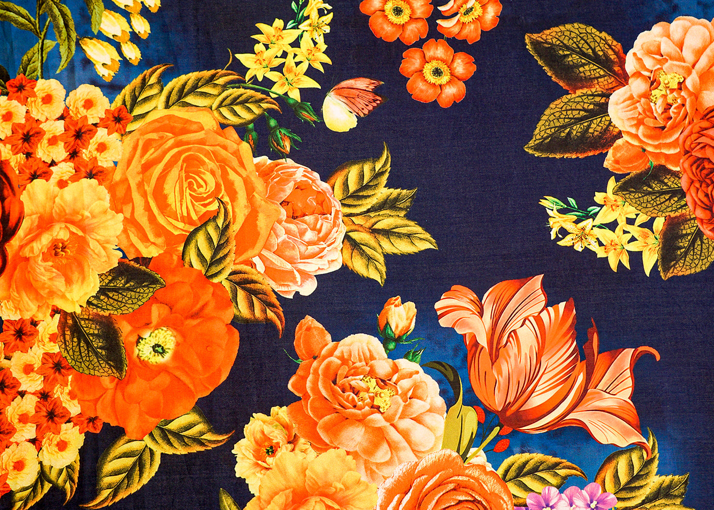 Navy Blue Georgette Satin Fabric All Over Floral Print 14307