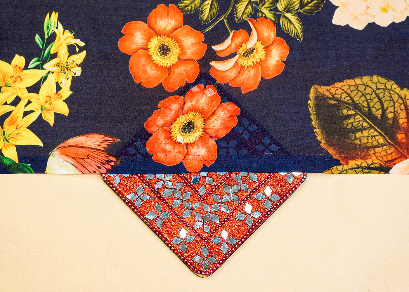Navy Blue Georgette Satin Fabric All Over Floral Print 14307