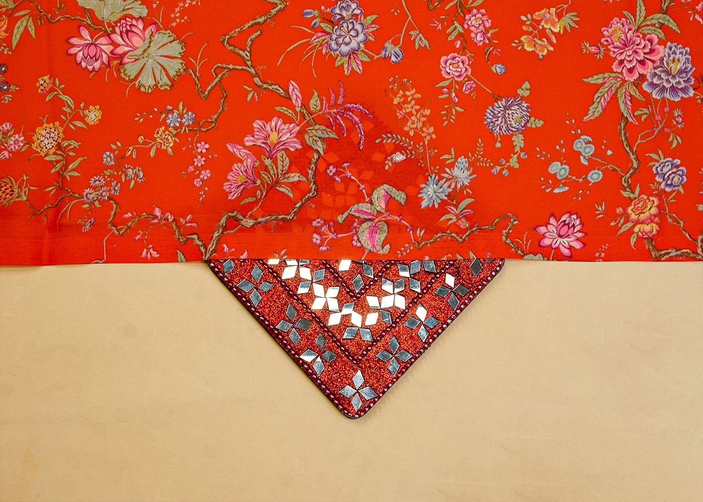 Deep Orange Georgette Satin Fabric with All Over Floral Print 14367