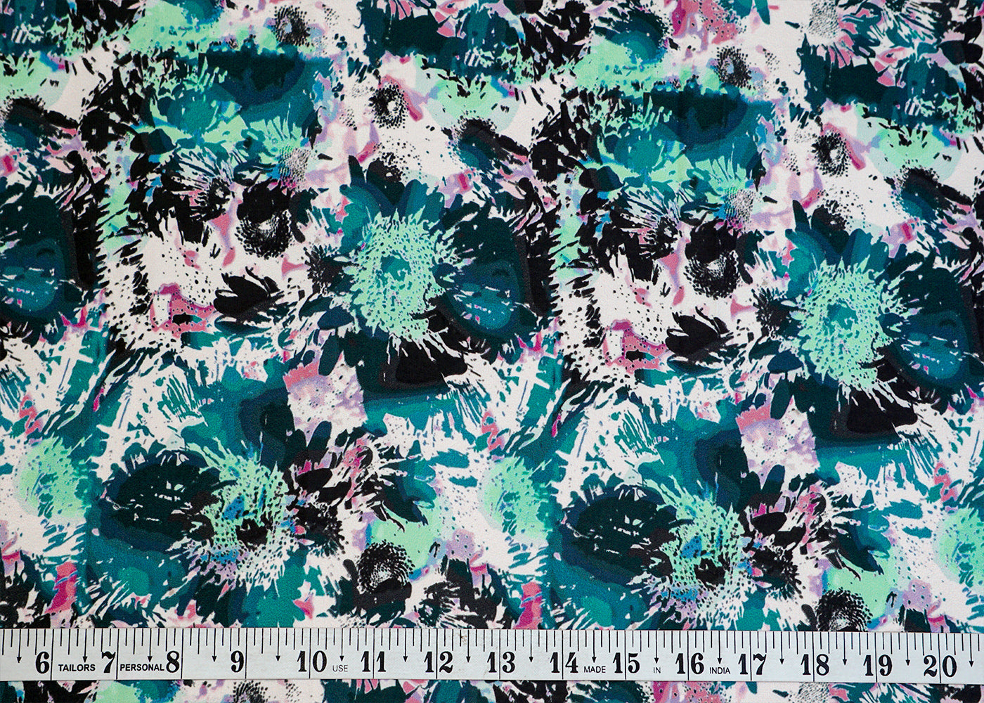 Teal Green Satin Fabric with Allover Abstract Print 14392