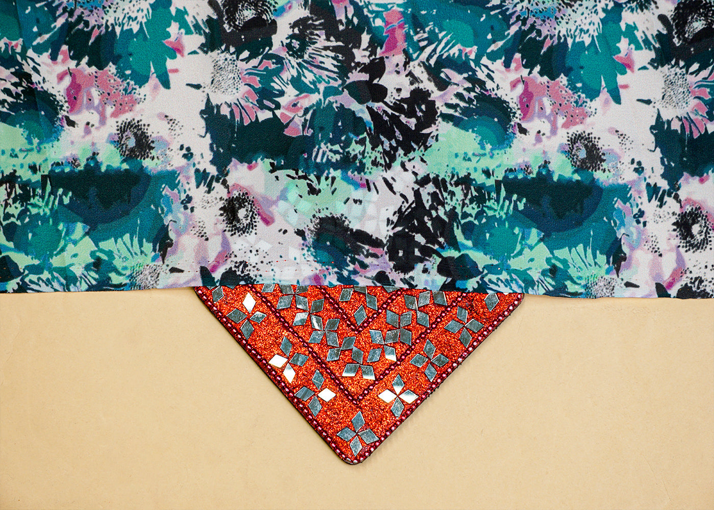 Teal Green Satin Fabric with Allover Abstract Print 14392