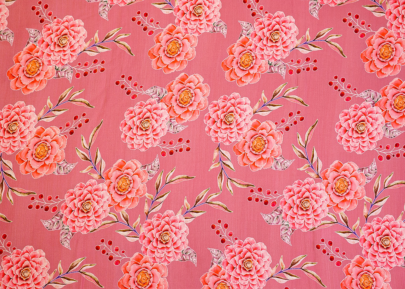 Old Rose Pink Linen Satin Fabric with Allover Floral Print 14407