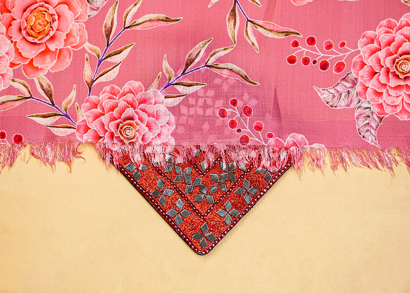 Old Rose Pink Linen Satin Fabric with Allover Floral Print 14407