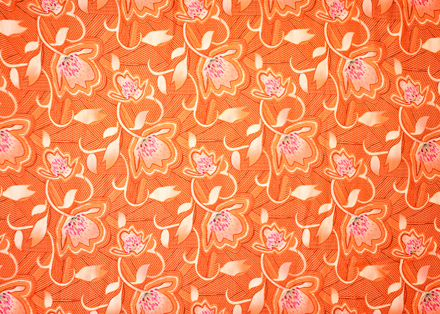 Rust Orange Linen Satin Fabric with Allover Floral Prints 14420