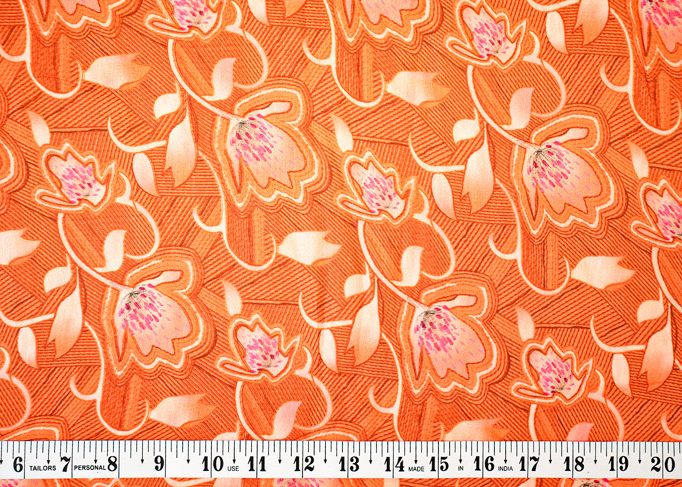 Rust Orange Linen Satin Fabric with Allover Floral Prints 14420
