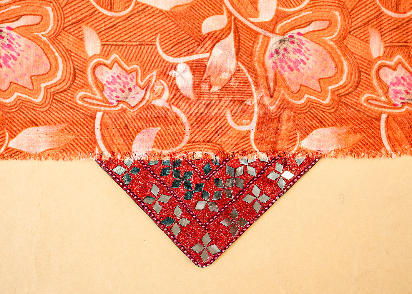 Rust Orange Linen Satin Fabric with Allover Floral Prints 14420