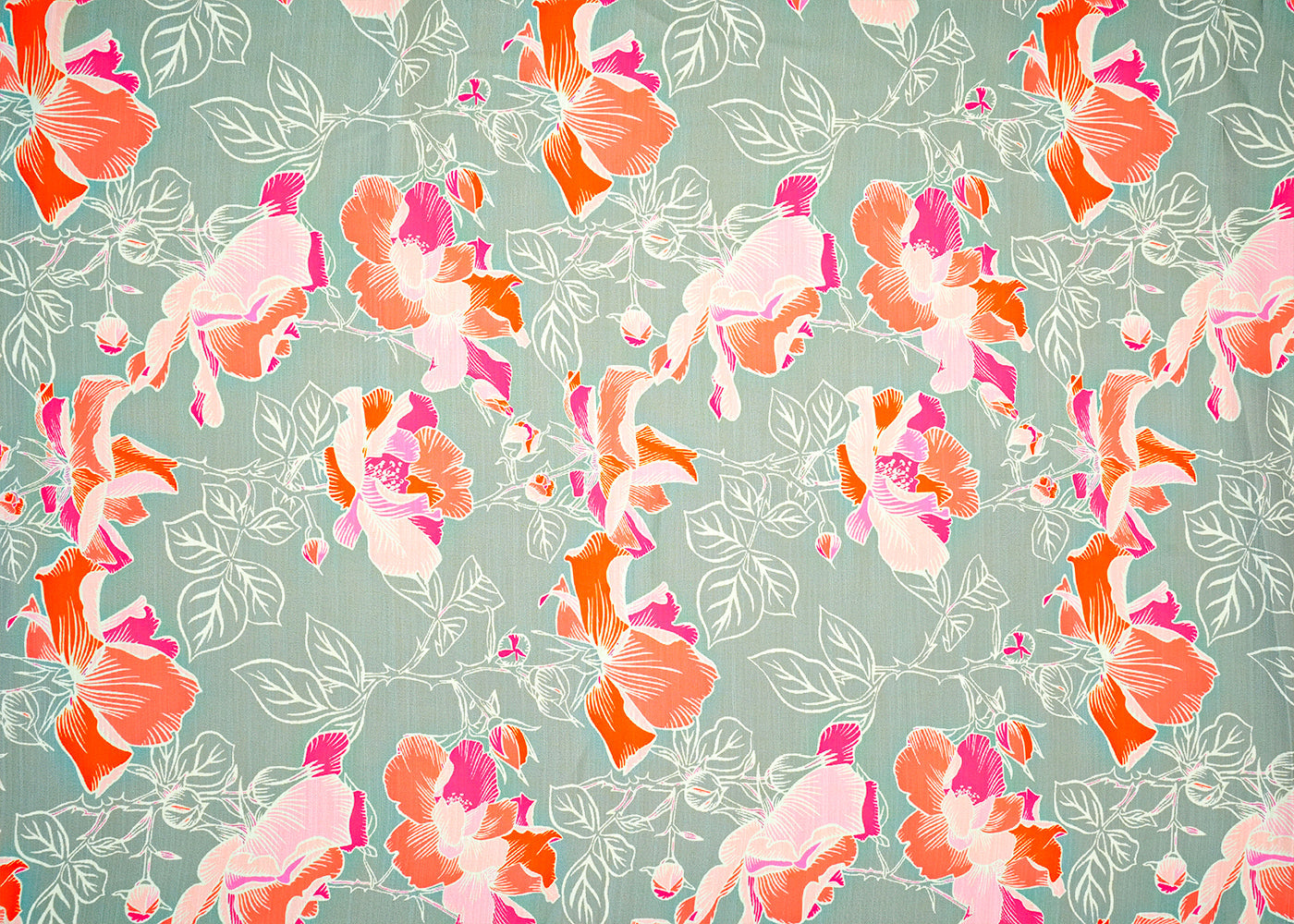 Moss Green Linen Satin Fabric with Allover Flowers Print 14426